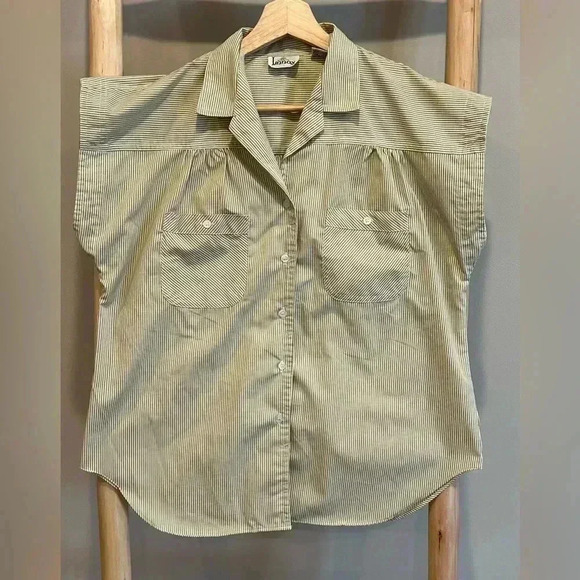 Vintage Linnay stripe boxy cap sleeve button down blouse pockets cream/white - Picture 3 of 10